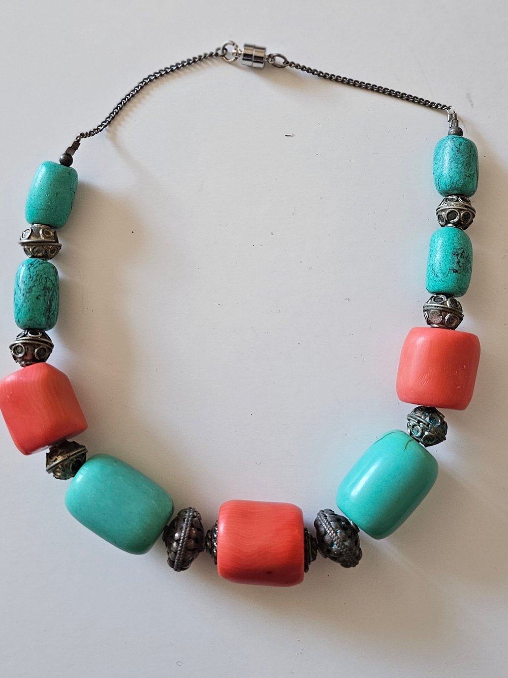 Vintage Tibetan Style Necklace – Dyed Coral & Turquoise Barrel Beads - Picture 3 of 14